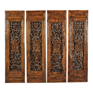 Antique Chinese Carved Wood Architectural Panels with Lattice and Figures – Set of 4