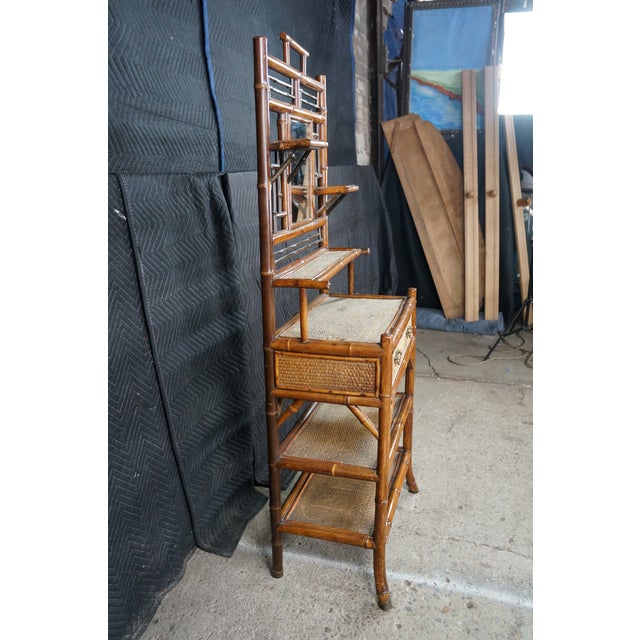 Antique English Victorian Bamboo & Rattan Mirrored Etagere Shelf Stand Boho Chic For Sale - Image 17 of 18