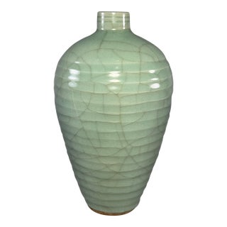 Antique Chinese Longquan Celadon Meiping Vase With Ribbed Body For Sale