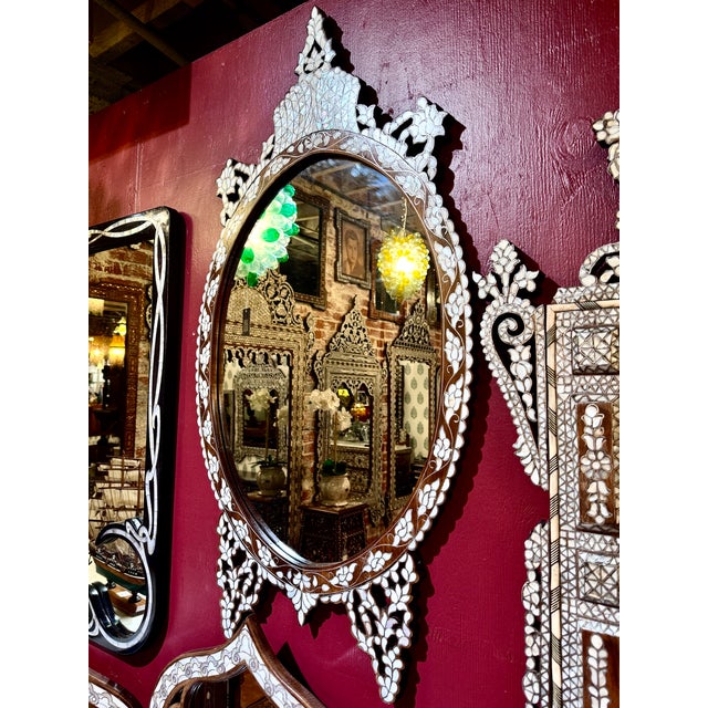 Contemporary Oval Mother of Pearl Inlaid Ornate Mirror For Sale - Image 3 of 6