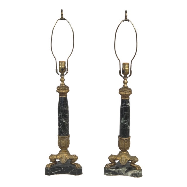 Vintage French Empire Neoclassical Style Marble and Gilt Bronze Table Lamps - a Pair For Sale