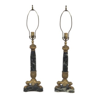 Vintage Pair French Empire Neoclassical Style Marble and Gilt Bronze Table Lamps For Sale