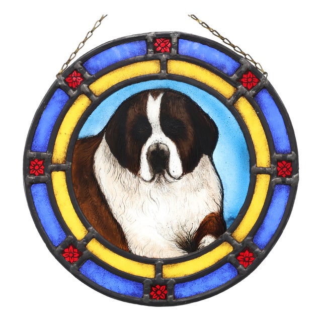 Art Deco Stained Glass Roundel with Saint bernard Dog, Belgium, 1890s For Sale