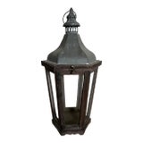 Pottery Barn Iron, Wood & Glass Lantern For Sale