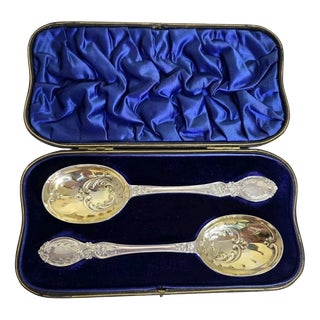 Antique Sterling Silver Fruit & Berry Serving Spoons, 1909, Set of 2 For Sale