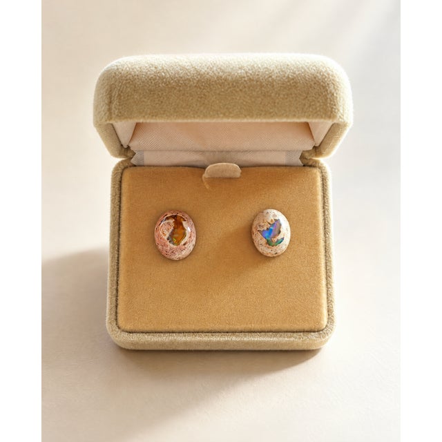 Vintage oval shaped pair of Mexican Fire Opal with iridescent fire flash cabochon 15mm x 12mm x 5mm thickness. Vintage and...