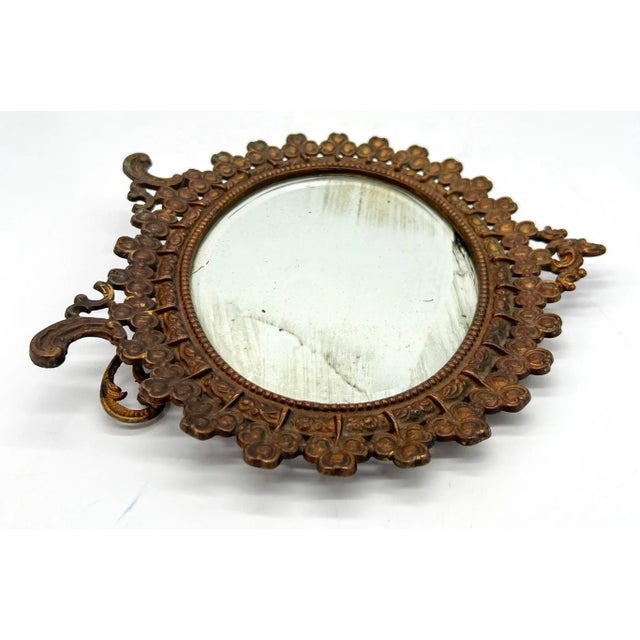 Antique Victorian Gilt Metal Table Mirror – Clover & Floral Frame – Rococo Revival / English Cottage For Sale - Image 16 of 16