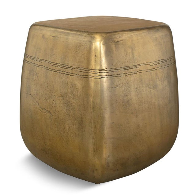 Warm brass finish aluminum rounded square side table. Organic etched subtle linear design and beautiful patina with...