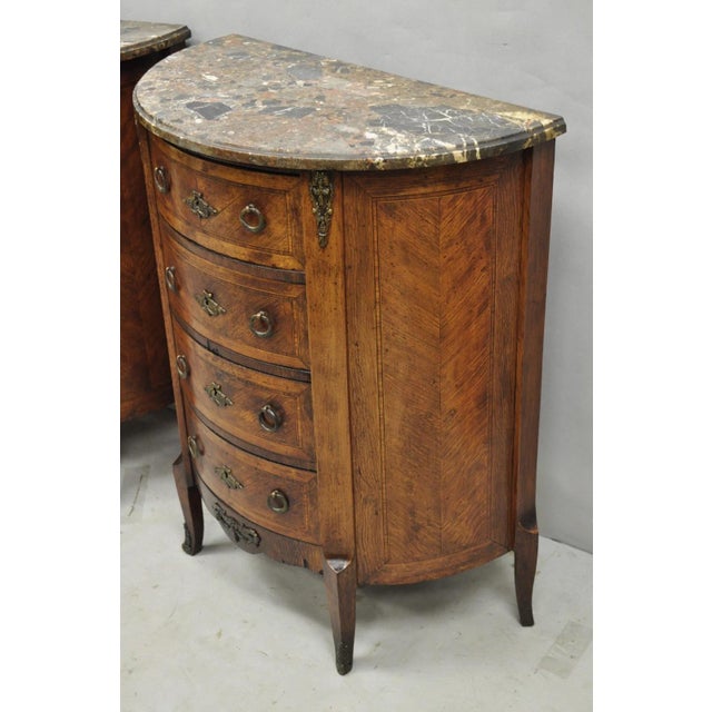 Antique French Louis XV Style Demilune Marble Top 4 Drawer Nightstand Table Pair For Sale - Image 17 of 18