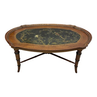 Early 20th Century English Regency Ebonized Faux Bamboo Hand-Painted Chinoiserie Coffee Table For Sale