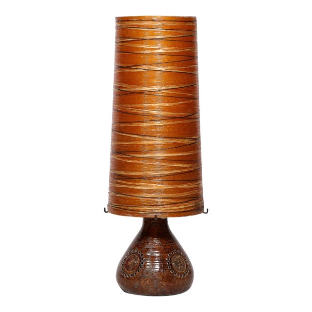 Mid-Century Brutalist Ceramic Table Lamp With Horizontally Striated Resin Shade For Sale