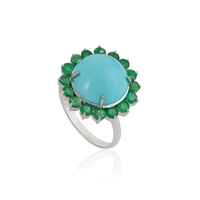 VR Jewels 6.13ct Cabochon Turquoise & Emerald Halo Cocktail Ring in 14k White Gold Size 5 For Sale - Image 4 of 18