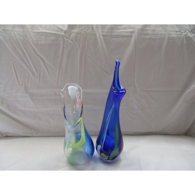 Blue Mid-Century Modern Atomic Blue & Multi Color Swung Art Glass Vases - Set of 2 For Sale - Image 8 of 8