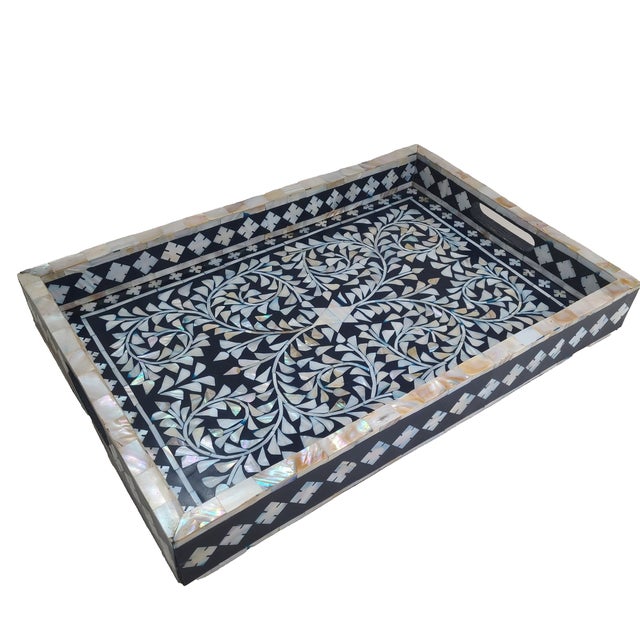 A beautiful serving or display tray attributed to Jodhpur, India. Meticulously crafted of hundreds of mother of pearl...