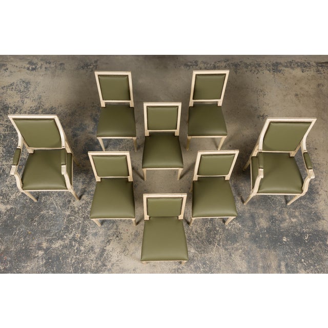 French Antique French Louis XVI Style Painted Dining Chairs in Olive Green Leather - Set of 8 For Sale - Image 3 of 18