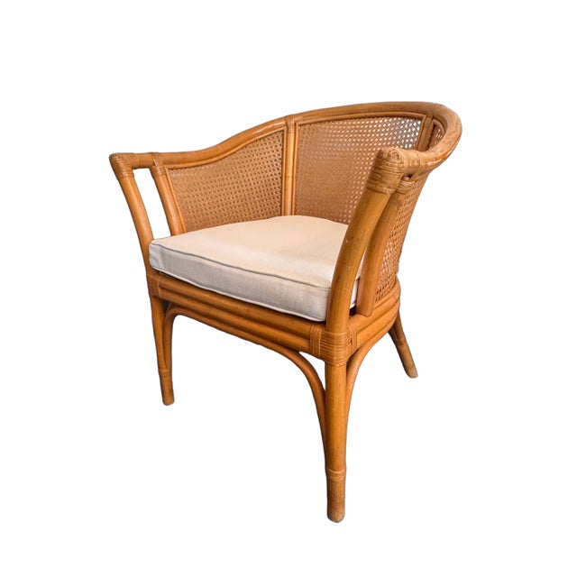 1980s Vintage McGuire Style Rattan & Cane Barrel Back Armchairs, C. 1980s For Sale - Image 5 of 16