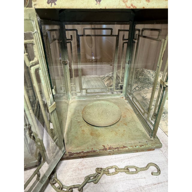 Pair of Vintage Metal Chinoiserie Pagoda-Style Hanging Lanterns With Weathered Sage Green Finish For Sale - Image 10 of 12