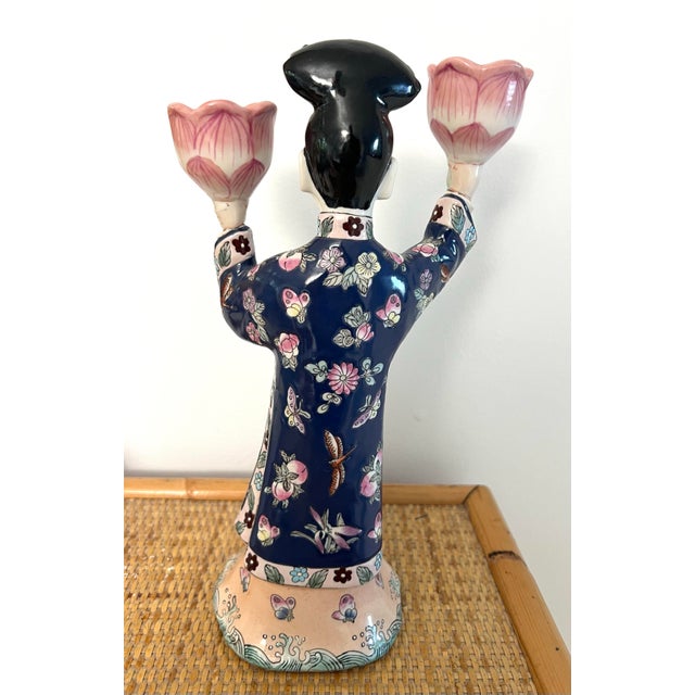 Chinese Export Famille Rose Figural Candlestick Lotus Candle Holder