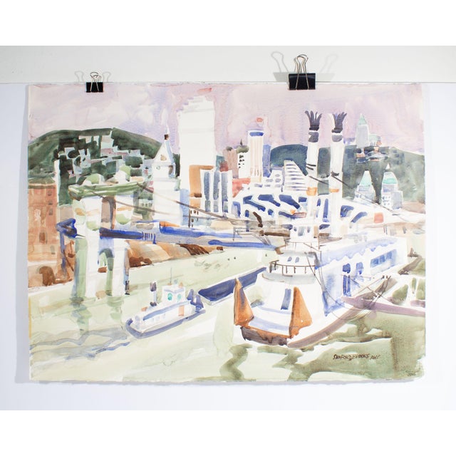 Late 20th Century Signed Watercolor Painting of a City by Sanford Brooks For Sale - Image 5 of 8