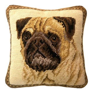 Vintage Needlepoint Pug Dog Decorative Accent Pillow For Sale