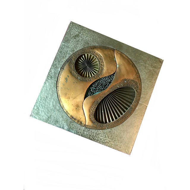 Copper 1970s Brutalist Brass Copper Relief Wall Hanging /Mid Century Gold Tone Metal Wall Art For Sale - Image 8 of 8