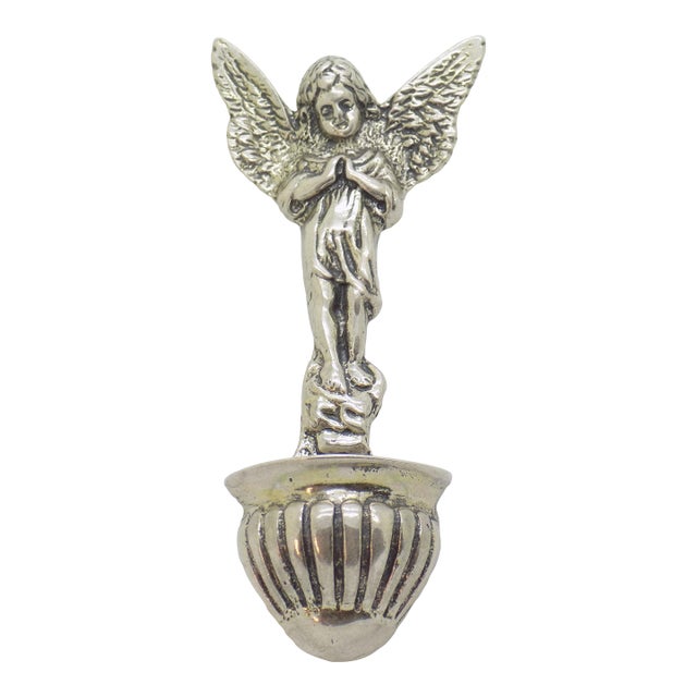 Vintage Italian Handmade Genuine Silver Angel Themed Holy Water Font Figurine For Sale