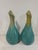 2 mid-century modern 1970s turquoise blue and moss green glazed pottery vases. Unusual petal shape. Handmade. No chips or...