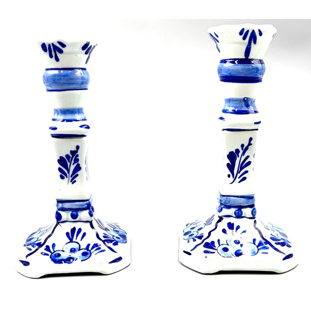 Rustic European Vintage Dutch Delft Hand Painted Faience Candlesticks - A Pair For Sale - Image 3 of 10