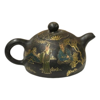 Vintage Chinese Black Golden Graphic Zisha Clay Teapot Art Display For Sale
