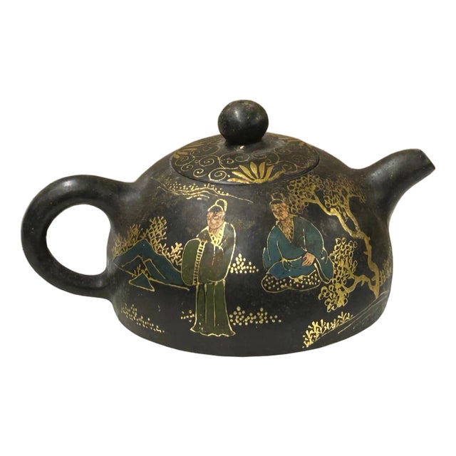 Vintage Chinese Black Golden Graphic Zisha Clay Teapot Art Display For Sale