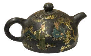 Vintage Chinese Black Golden Graphic Zisha Clay Teapot Art Display