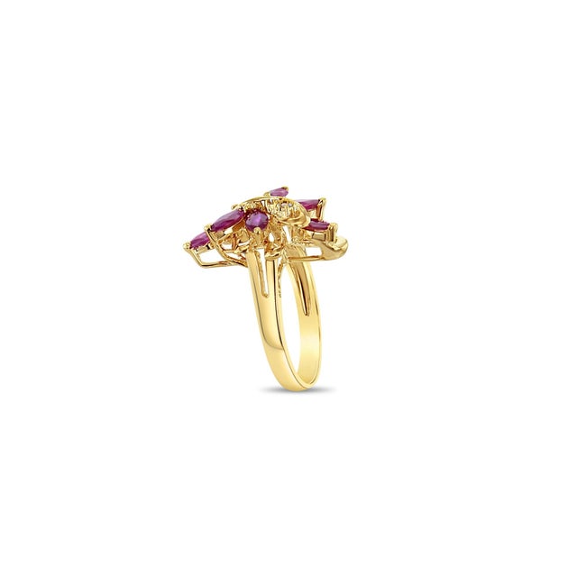 Contemporary Marquise Ruby Leaf Floral Cluster Ring 14k Yellow Gold, Size 5 For Sale - Image 3 of 5