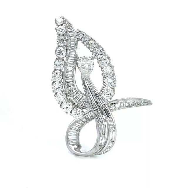 Platinum Diamond Open Style Long Stem Leaf Brooch 14k Gold Pin For Sale - Image 4 of 7