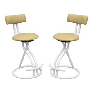 Vintage Postmodern Memphis Style White Tubular Metal Swivel Bar Stools - A Pair