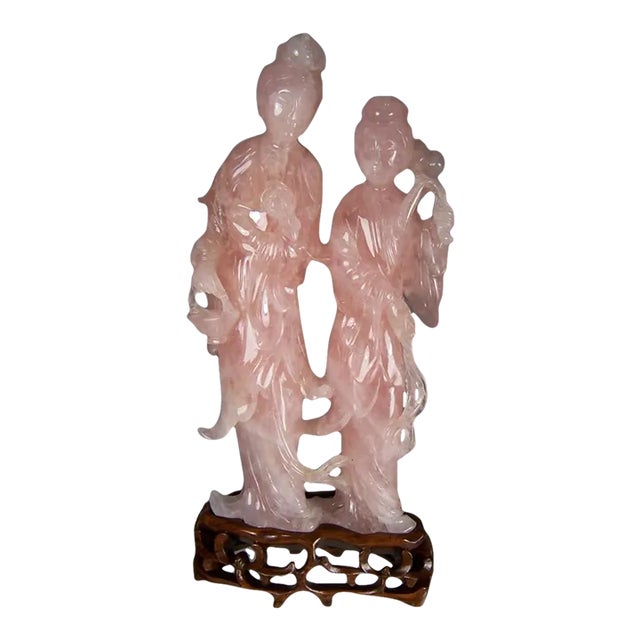 Antique Rose Quartz Carving of Two Chinese Beauties For Sale