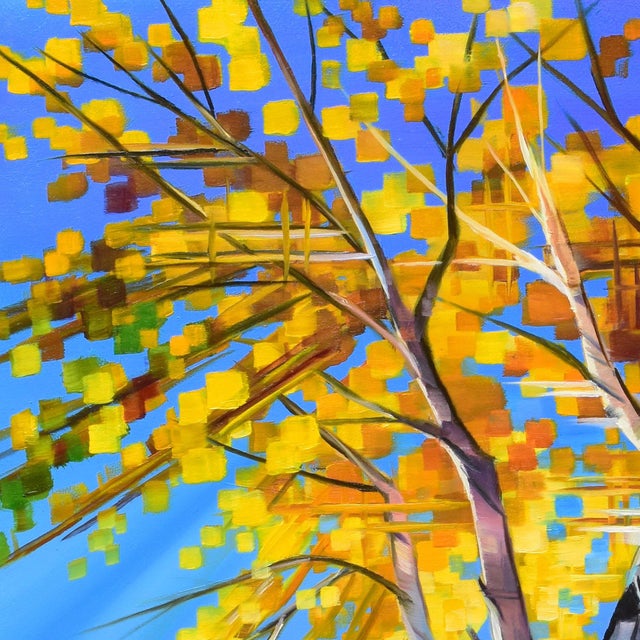 Contemporary Strength and Beauty by Michelle Condrat | Oil on board Tree with vibrant autumn leaves against blue sky For Sale - Image 3 of 5