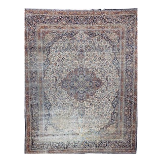 19th Century Persian Kashan Rug, Hand-Knotted Wool & Cotton, Floral Design, Ivory & Navy, 9x12 For Sale