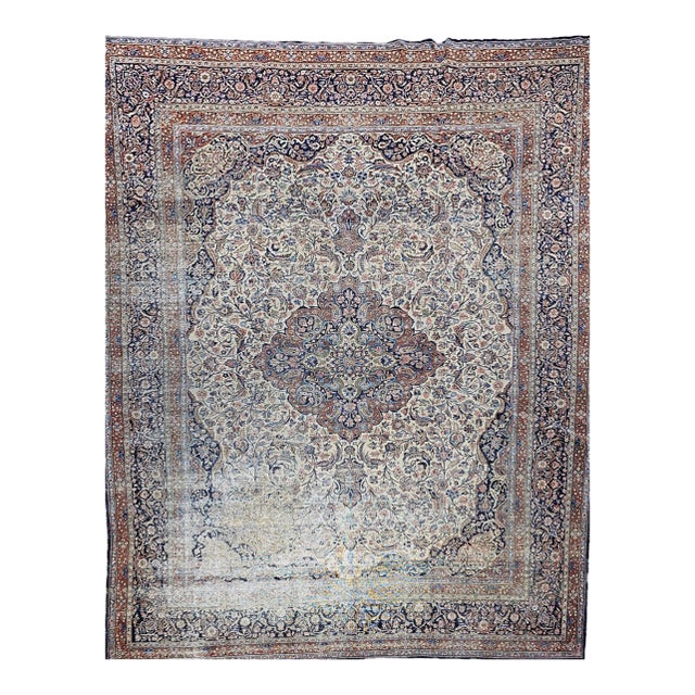 19th Century Persian Kashan Rug, Hand-Knotted Wool & Cotton, Floral Design, Ivory & Navy, 9x12 For Sale