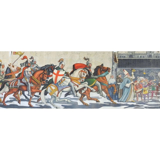 Vintage Mid Century Knights & Horses Procession Mural Painting For Sale