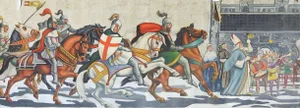 Vintage Mid Century Knights & Horses Procession Mural Painting