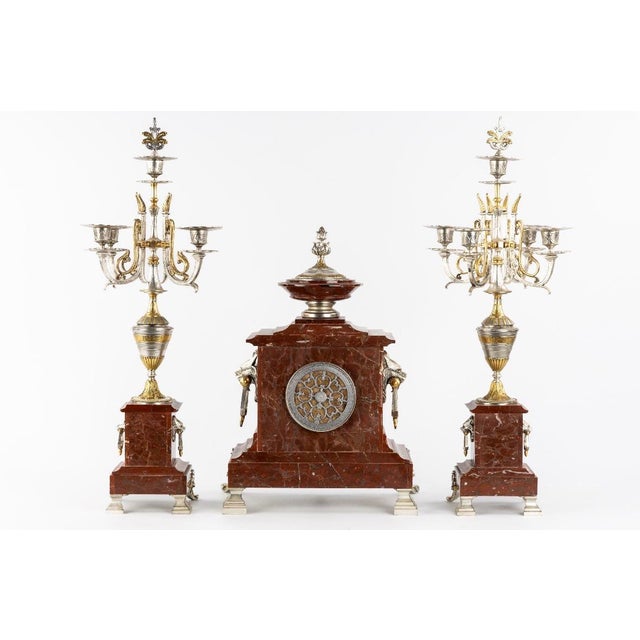 H & F Paris Circa 1900 Belle Époque Wolf Heads Garniture, Rouge Royal Marble For Sale - Image 6 of 9