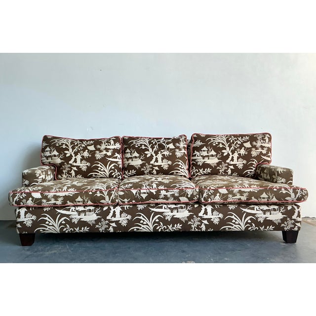 Wood Vintage Regency Quadrille Upholstered Down Sofa For Sale - Image 7 of 12