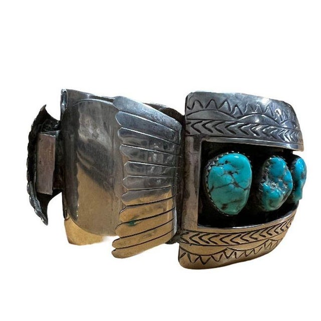 Traditional Silver Navajo Watchband Cuff W/ Bisbee Torqouise, Hyson Craig Style For Sale - Image 3 of 5