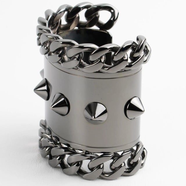 Givenchy Paris High-Gloss Gunmetal Chains and Studs Cuff Bracelet For Sale - Image 11 of 16