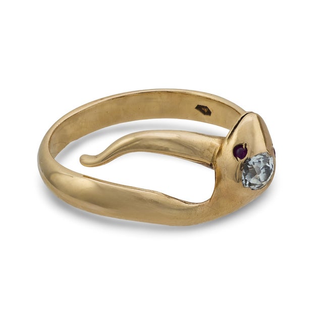 1920s 1920s Edwardian Hungarian Diamond Ruby 14k Yellow Gold Snake Ring, Size 7 For Sale - Image 5 of 6