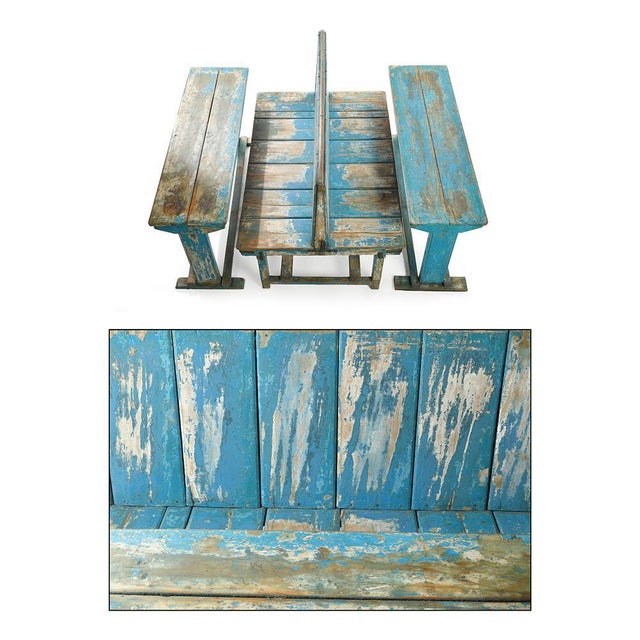 Blue Wooden Double School Desk For Sale - Image 3 of 7