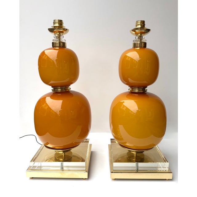 Contemporary Pair of Brass and Orange Murano Glass Bulbs Lamps, Italy For Sale - Image 9 of 13