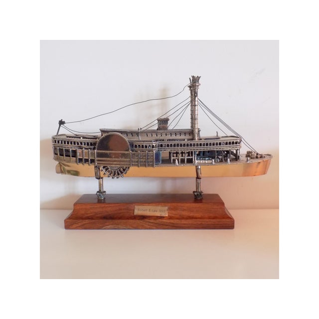 Large Vintage Italian Silver 800 Steamboat Statue with Wooden Base by Robert E. Lee, 1970s For Sale - Image 12 of 12