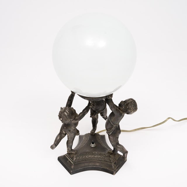 Black Art Deco Period, French Table Lamp, Pewter Cupids For Sale - Image 8 of 8