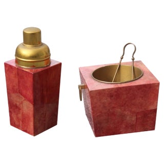 Brass & Goatskin Ice Box and Pitcher by Aldo Tura, 1950s, Set of 2 For Sale